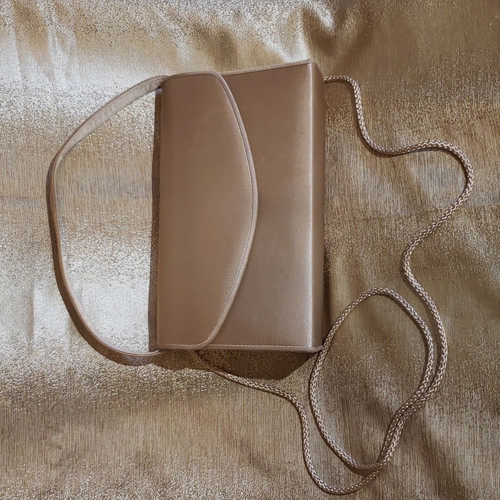 Sandy Gold Satin Clutch with Lipstick Case, Shoulder Strap, and Cross-body Strap